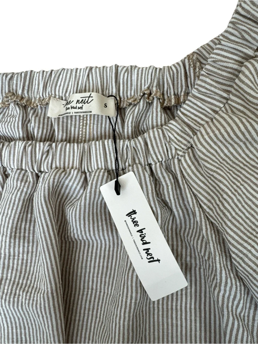 Three Bird Nest Solace Ruffled Hem Dress Beige Striped Puff Sleeve Boho Small - Picture 7 of 12